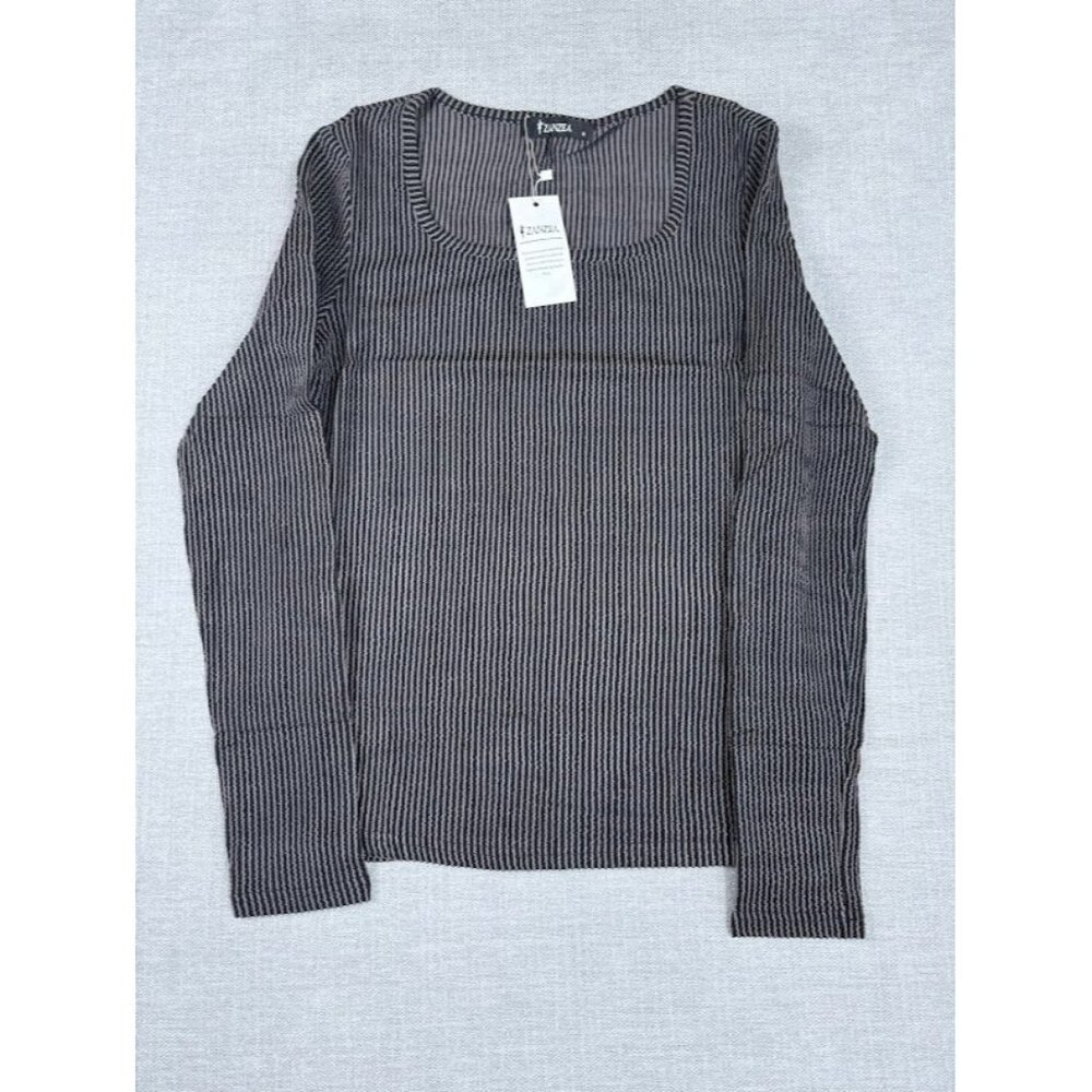 Zanzea Striped Long-Sleeve Top Black & Gray Stretchy Casual Lightweight Size S